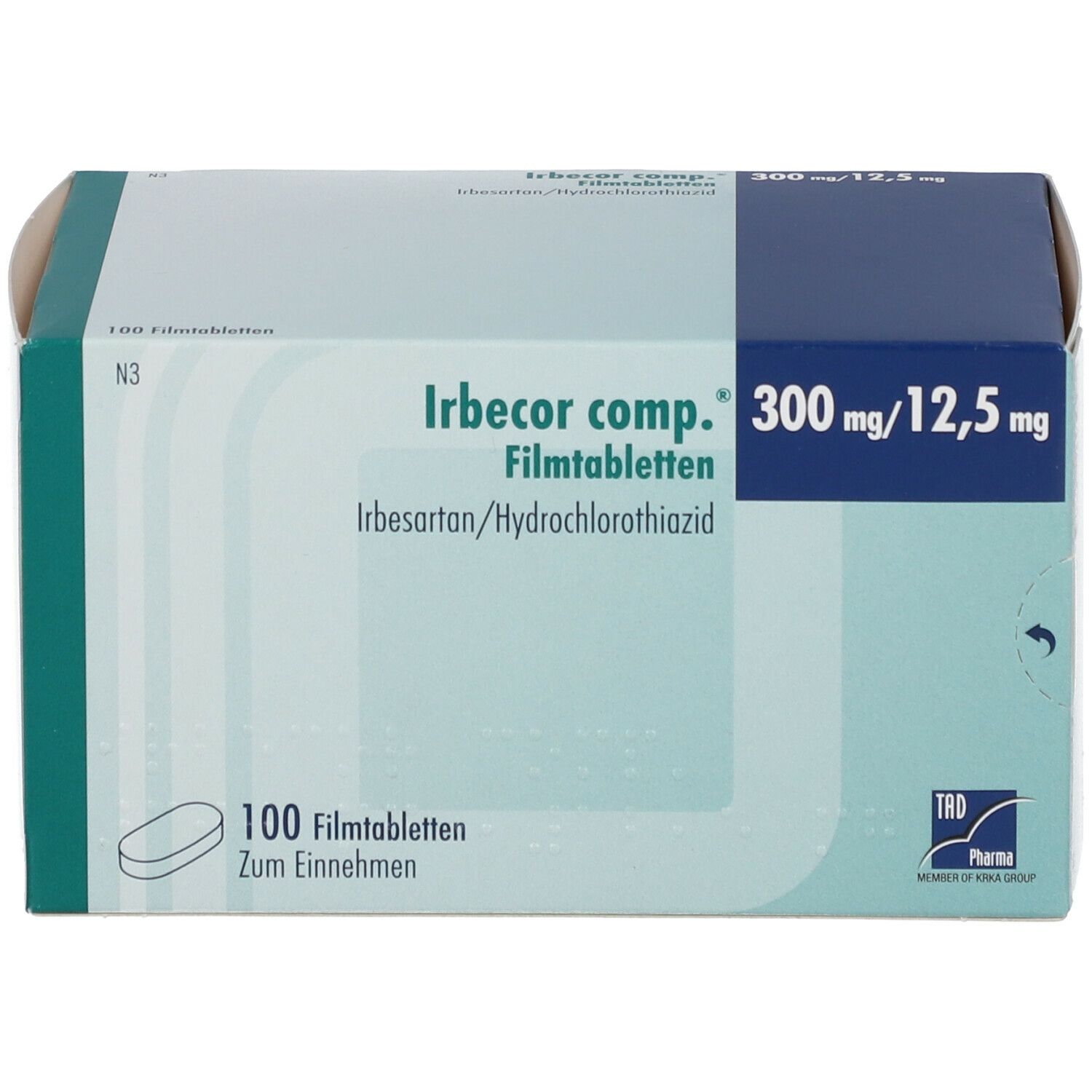 Karton von Irbecor comp.® 300 mg/12,5 mg Filmtabletten. Blaue und weiße Verpackung mit Produktnamen und Dosierung.