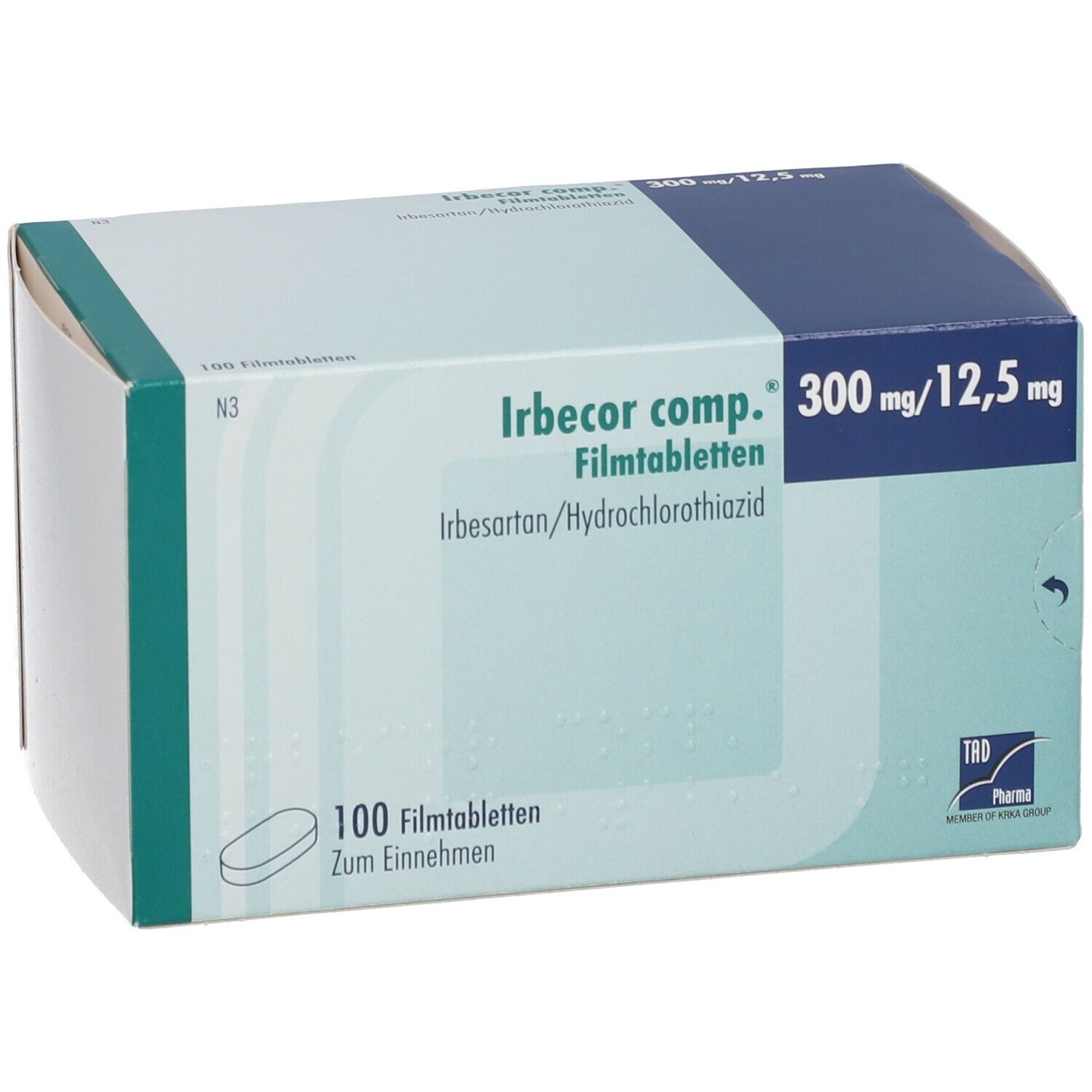 Karton von Irbecor comp.® 300 mg/12,5 mg Filmtabletten. Blaue und weiße Verpackung mit Produktnamen und Dosierung.