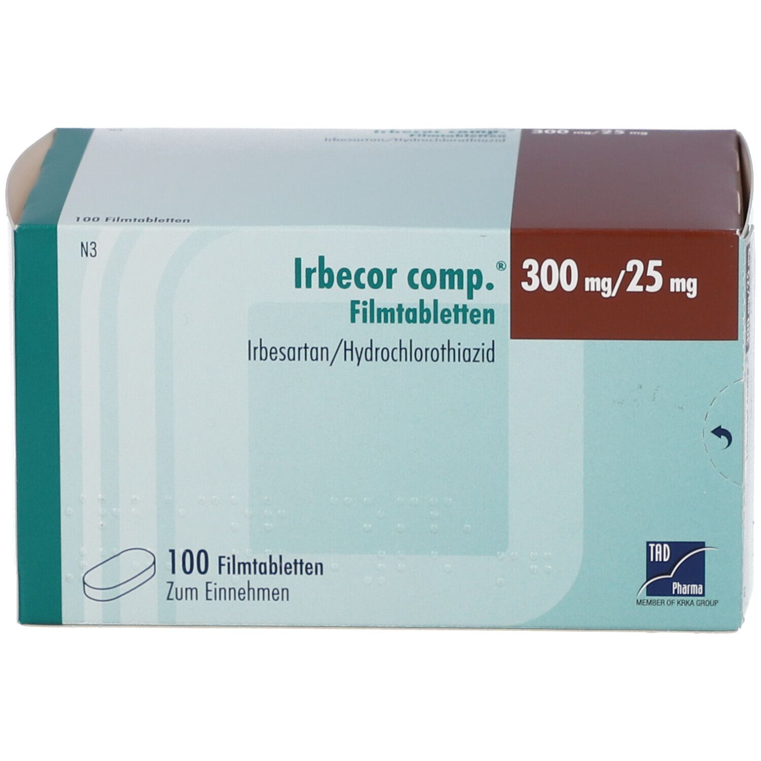 Schachtel Irbecor comp.® Filmtabletten. Aufdruck: 300 mg/25 mg, 100 Filmtabletten. Logo TRB Pharma. Tabletten-Symbol.