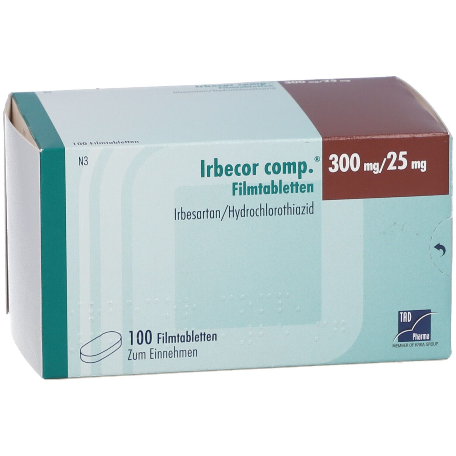 Schachtel Irbecor comp.® Filmtabletten. Aufdruck: 300 mg/25 mg, 100 Filmtabletten. Logo TRB Pharma. Tabletten-Symbol.