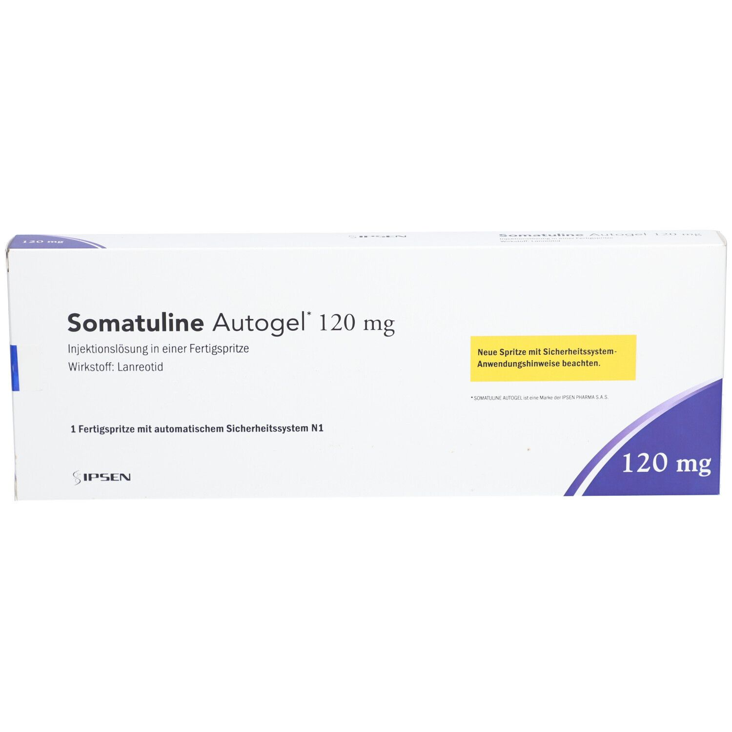 Schachtel mit Aufschrift SOMATULINE Autogel 120 mg. Enthält Fertigspritze mit Sicherheitsystem. Text in Deutsch.