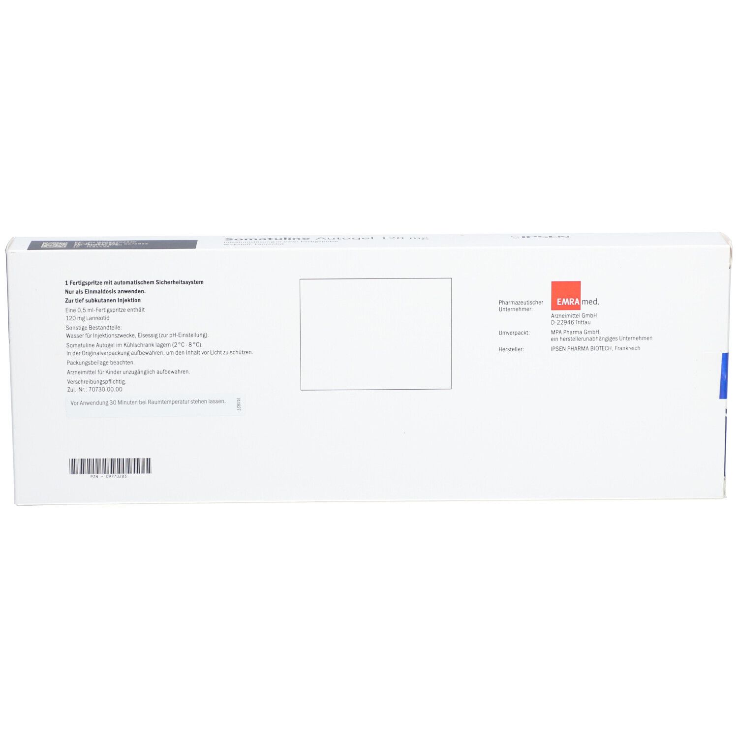 Rückseite der Schachtel mit Text und Barcode. Enthält Informationen in deutscher Sprache.