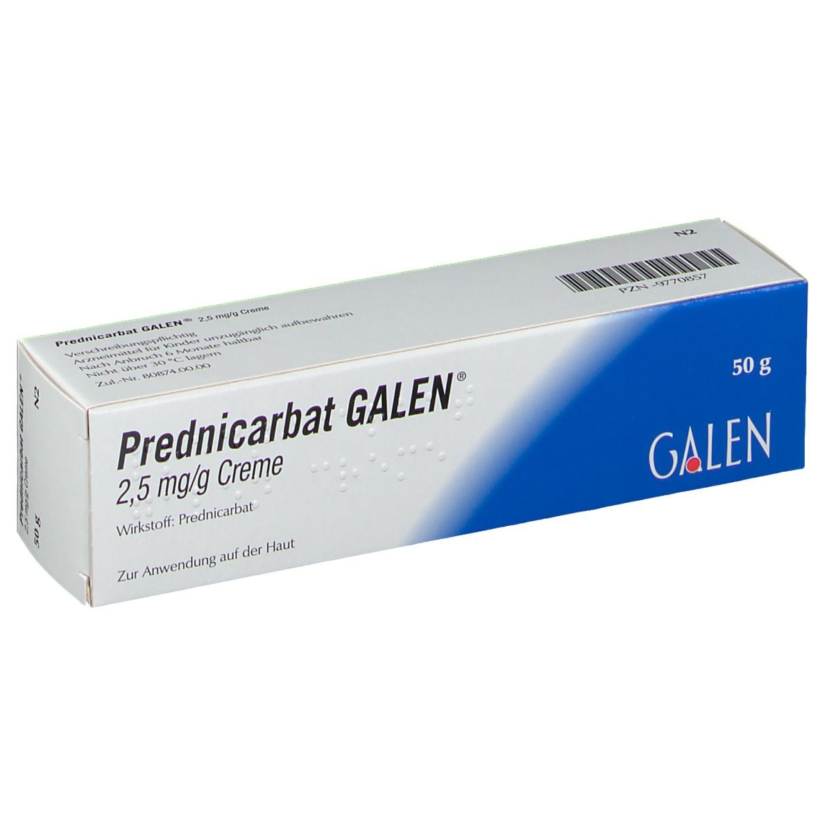Schachtel mit Prednicarbat GALEN 2,5 mg/g Creme. Aufschrift: 50 g. Blaue und weiße Verpackung. Barcode.