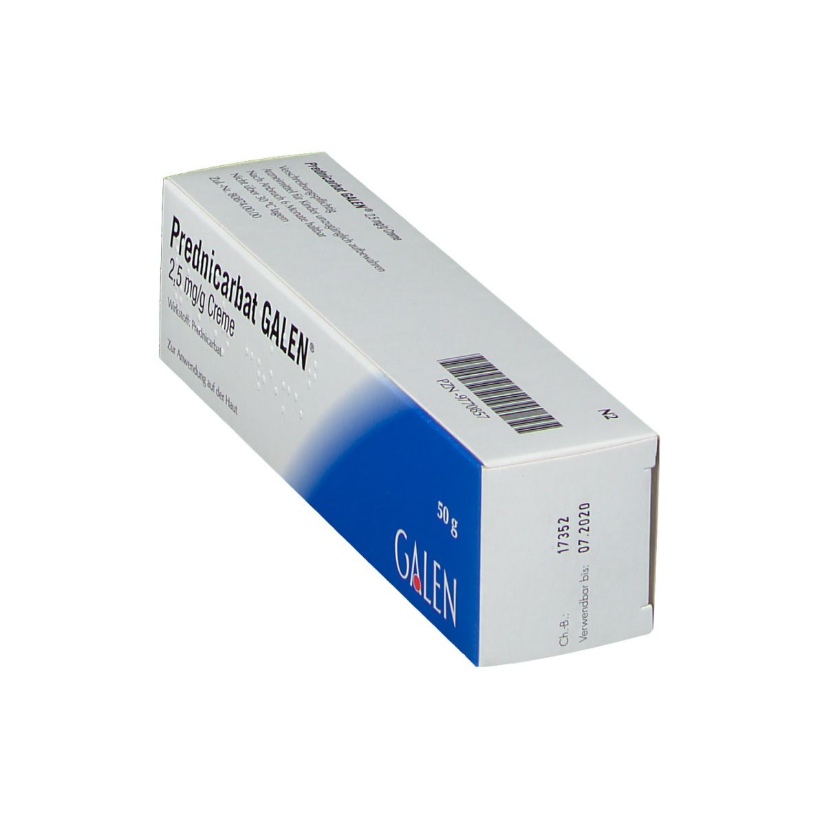 Schachtel Prednicarbat GALEN 2,5 mg/g Creme. Blaue und weiße Verpackung. Aufschrift: 50 g. Barcode und GALEN-Logo.