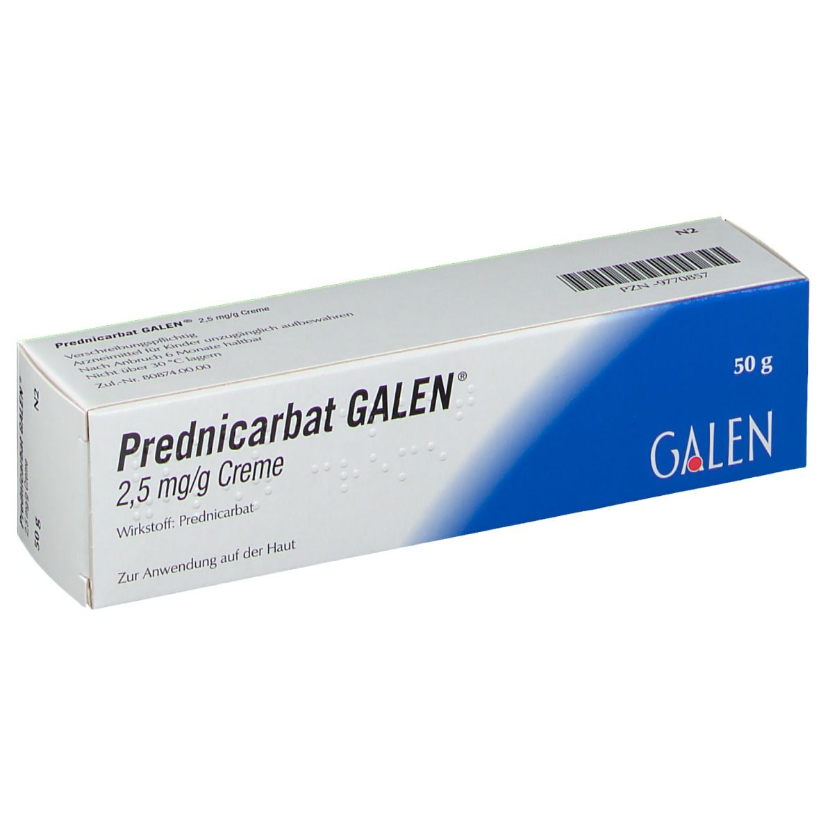 Schachtel mit Prednicarbat GALEN 2,5 mg/g Creme. Aufschrift: 50 g. Blaue und weiße Verpackung. Barcode.