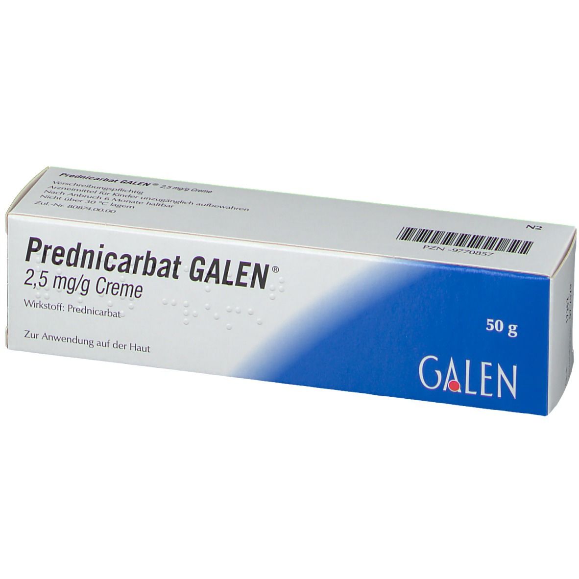 Schachtel mit Prednicarbat GALEN 2,5 mg/g Creme. Aufschrift: 50 g. Blaue und weiße Verpackung. Barcode.