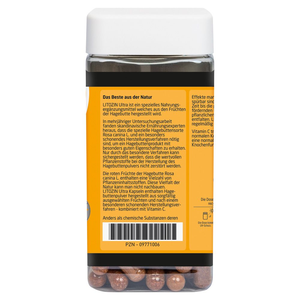 Rückseite der LITOZIN® Ultra Kapseln Dose. Text: Das Beste aus der Natur. PZN-09771006. 120 Kapseln.