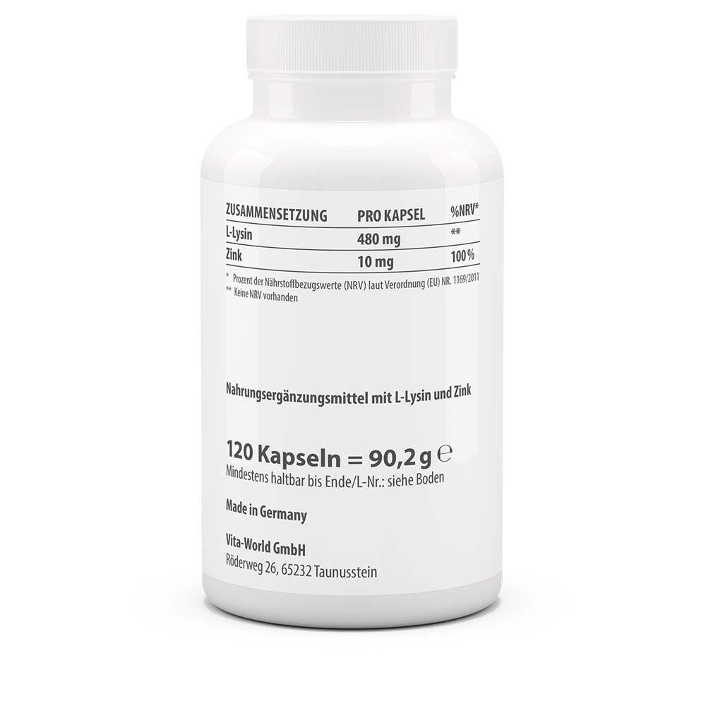 Rückseite der weißen Flasche. Enthält Informationen zu Inhaltsstoffen, Dosierung und Hersteller. 120 Kapseln.