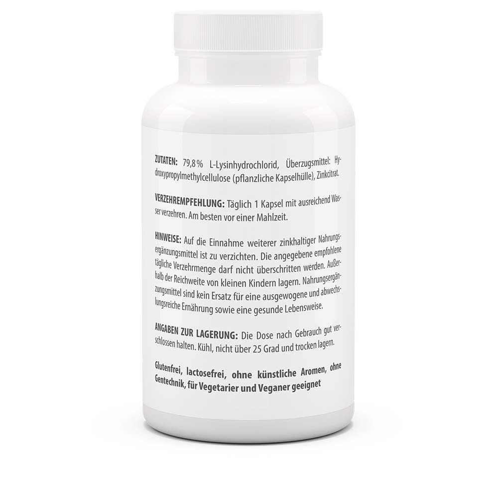 Rückseite der weißen Flasche. Enthält Informationen zu Inhaltsstoffen, Verzehrempfehlung und Lagerung. Glutenfrei.