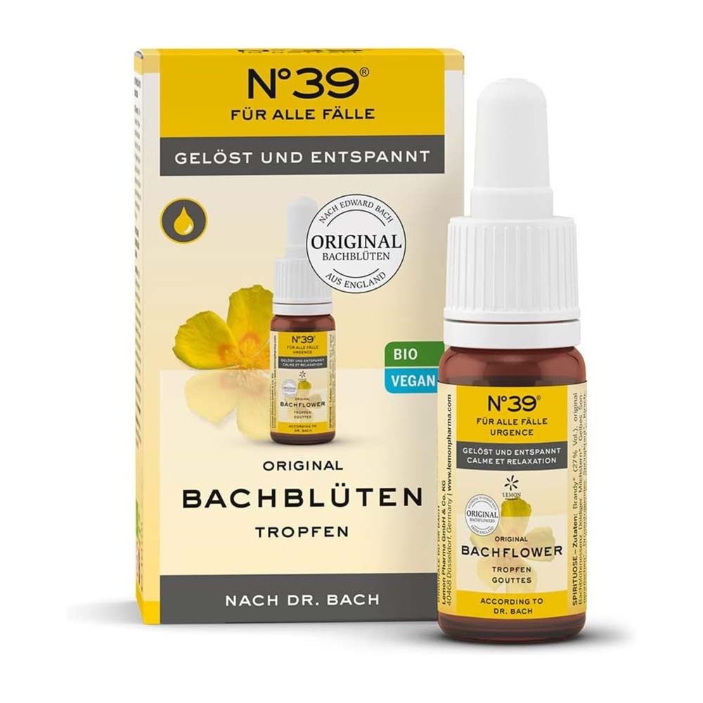 Produktverpackung mit Flasche. Gelbe Schachtel mit Text: N°39, Bachblüten, Original. Bio, Vegan. Flasche mit Tropfer.