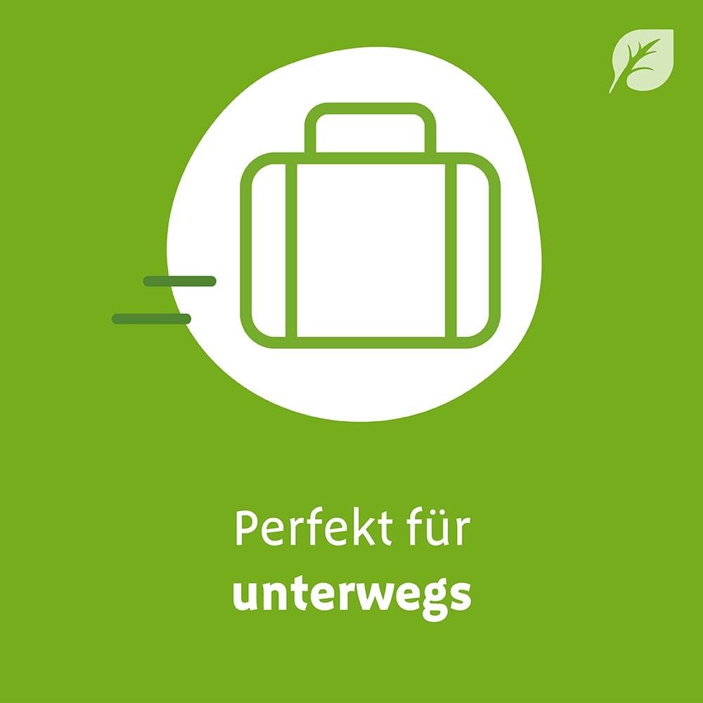Grafik: Koffer. Text: Perfekt für unterwegs.