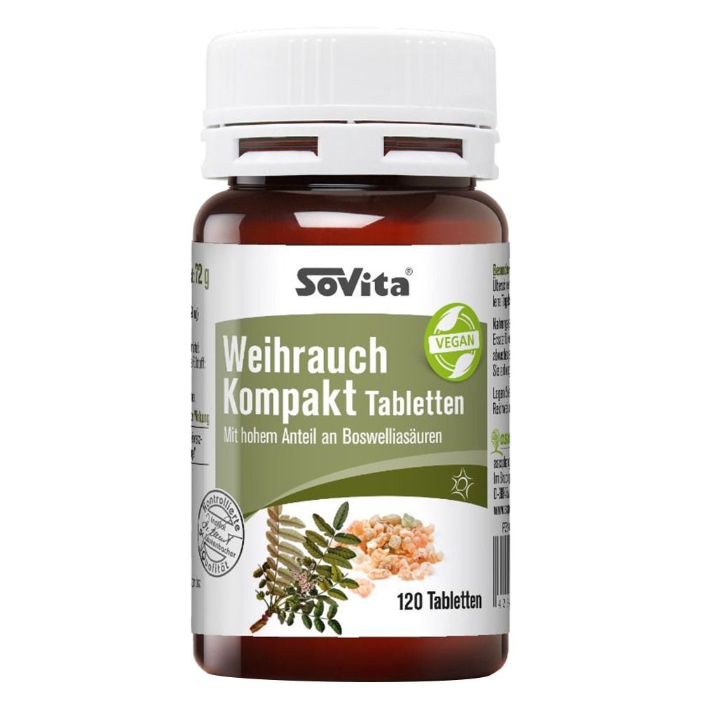 Braune Tablettenflasche mit weißem Deckel. Aufschrift: SoVita Weihrauch Kompakt Tabletten, vegan, 120 Tabletten.