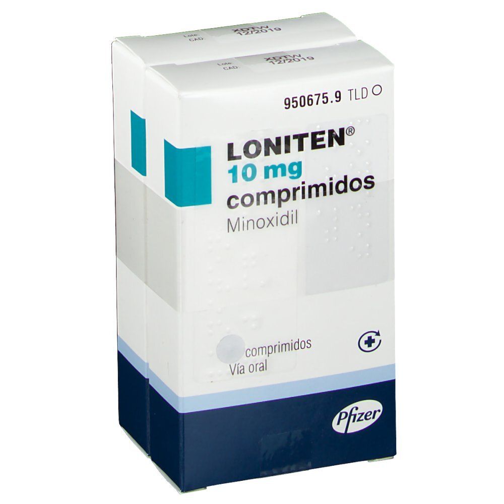 LONITEN 10 mg Tabletten-Packung. Weiße Schachtel mit blauen Akzenten. Aufschrift: LONITEN 10 mg comprimidos, Minoxidil. Pfizer-Logo.