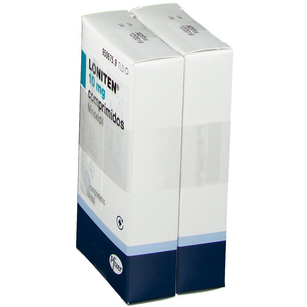 Zwei LONITEN 10 mg Tabletten-Packungen nebeneinander. Weiße Schachteln mit blauen Akzenten. Aufschrift: LONITEN 10 mg comprimidos, Minoxidil. Pfizer-Logo.