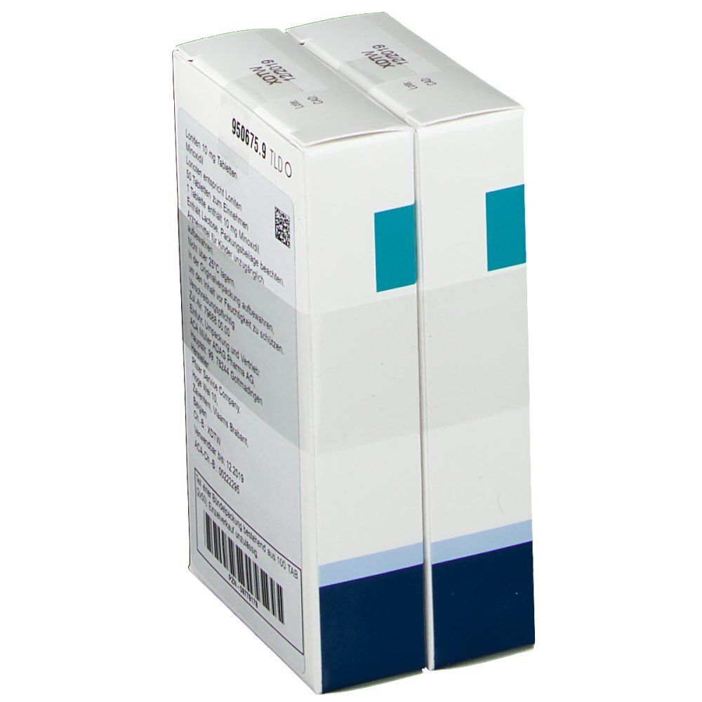 Rückseiten zweier LONITEN 10 mg Tabletten-Packungen nebeneinander. Weiße Schachteln mit Text. Informationen zu Inhaltsstoffen, Dosierung und Hersteller.