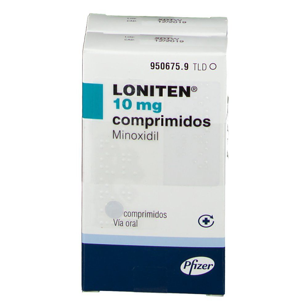 LONITEN 10 mg Tabletten-Packung. Weiße Schachtel mit blauen Akzenten. Aufschrift: LONITEN 10 mg comprimidos, Minoxidil. Pfizer-Logo.