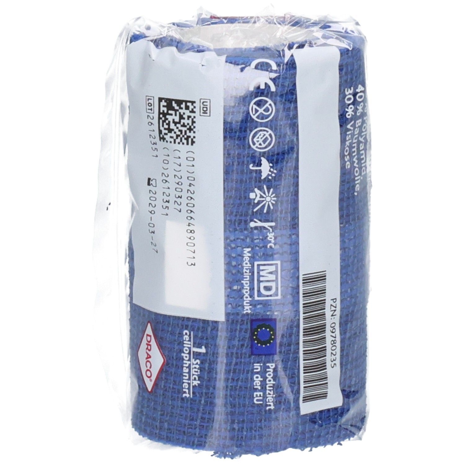 Verpackung einer blauen Fixierbinde mit medizinischen Symbolen und CE-Kennzeichnung.