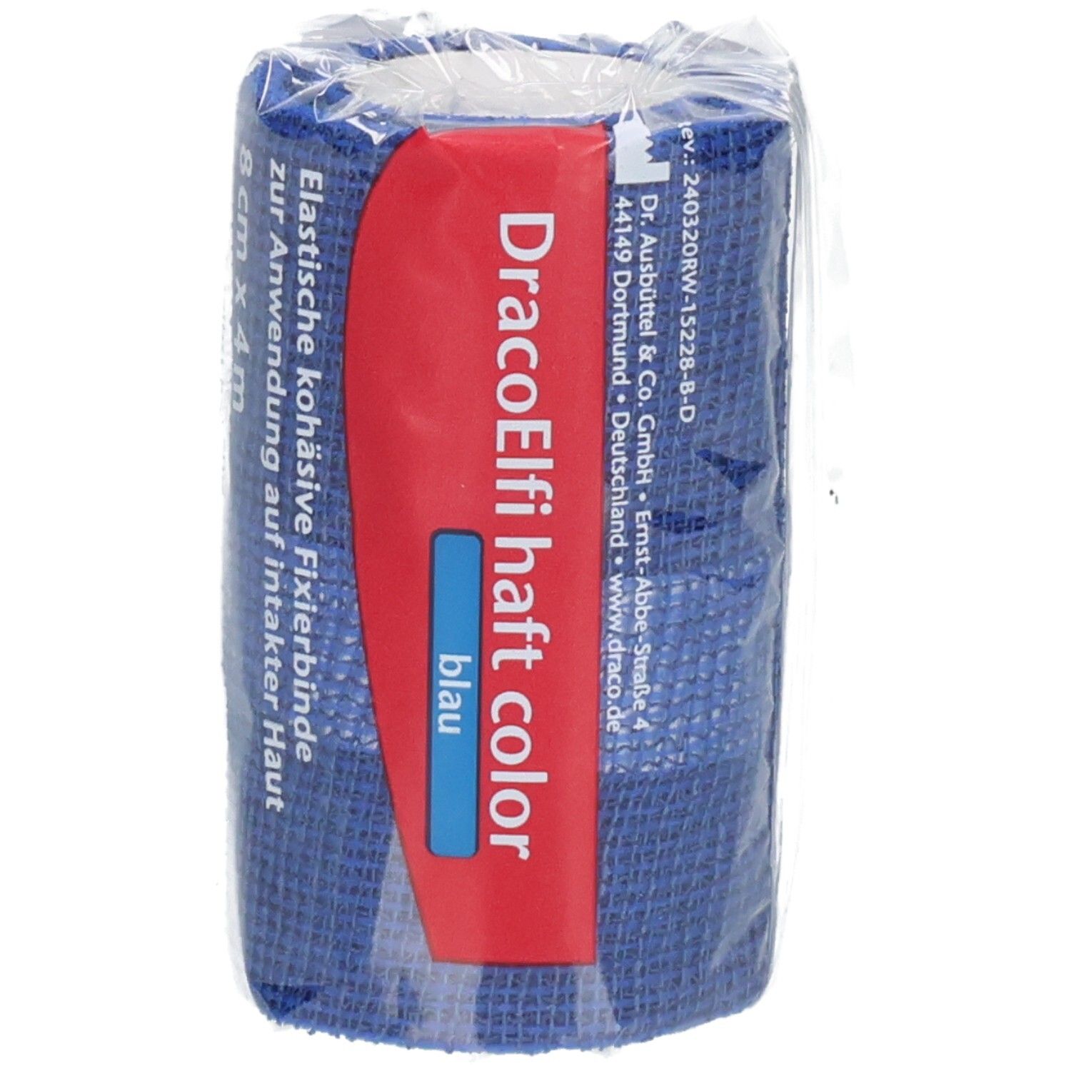 Verpackte blaue Fixierbinde, 8 cm x 4 m, mit rotem Etikett und blauer Farbmarkierung.