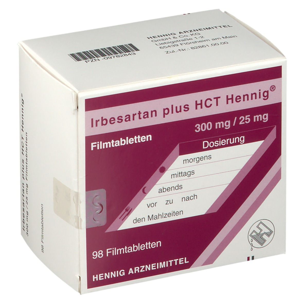 Arzneimittelpackung mit Aufdruck Irbesartan plus HCT Hennig 300 mg/25 mg. Enthält 98 Filmtabletten. Dosierungstabelle.