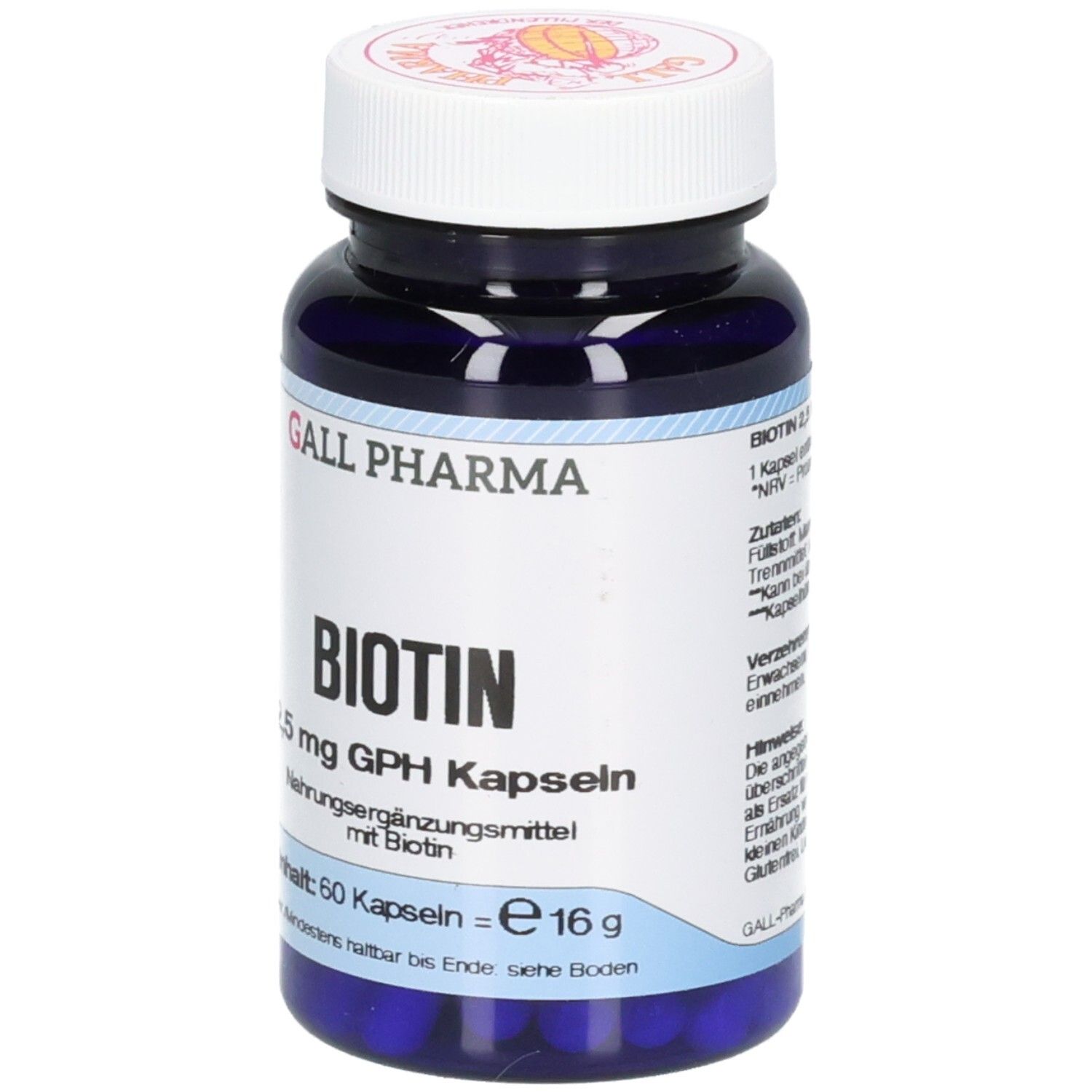 Dunkelblaue Flasche mit weißem Deckel. Aufschrift: GALL PHARMA Biotin 5 mg GPH Kapseln. Enthält 60 Kapseln. Etikett mit Produktinformationen.
