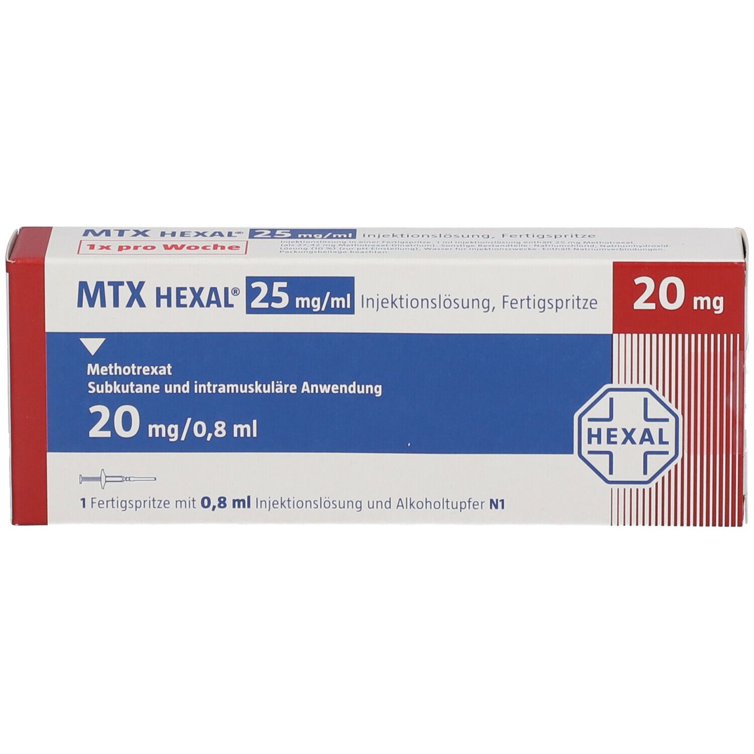Karton von MTX HEXAL 25 mg/ml Fertigspritze. Aufschrift: 20 mg. Enthält Injektionslösung und Alkoholtupfer.