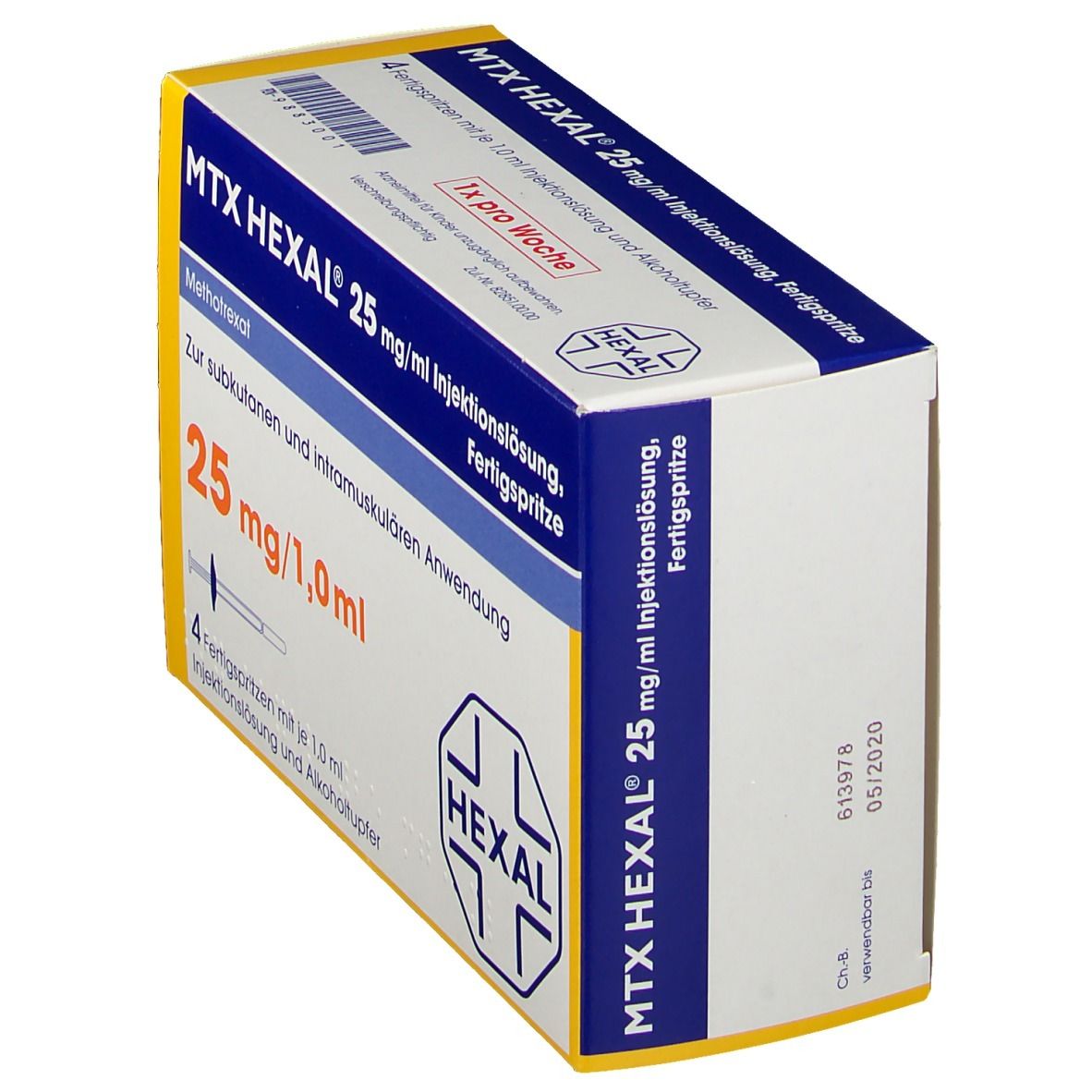 Schachtel MTX HEXAL 25 mg/ml Injektionslösung. Blaue und gelbe Verpackung. Enthält 4 Fertigspritzen. HEXAL Logo. Aufschrift: 25 mg/1,0 ml.