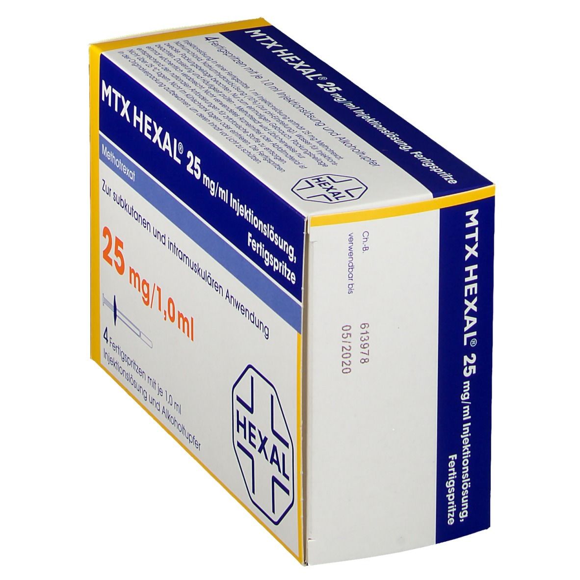 Schachtel MTX HEXAL 25 mg/ml Injektionslösung. Blaue und gelbe Verpackung. HEXAL Logo. Aufschrift: 25 mg/1,0 ml. Enthält 4 Fertigspritzen.