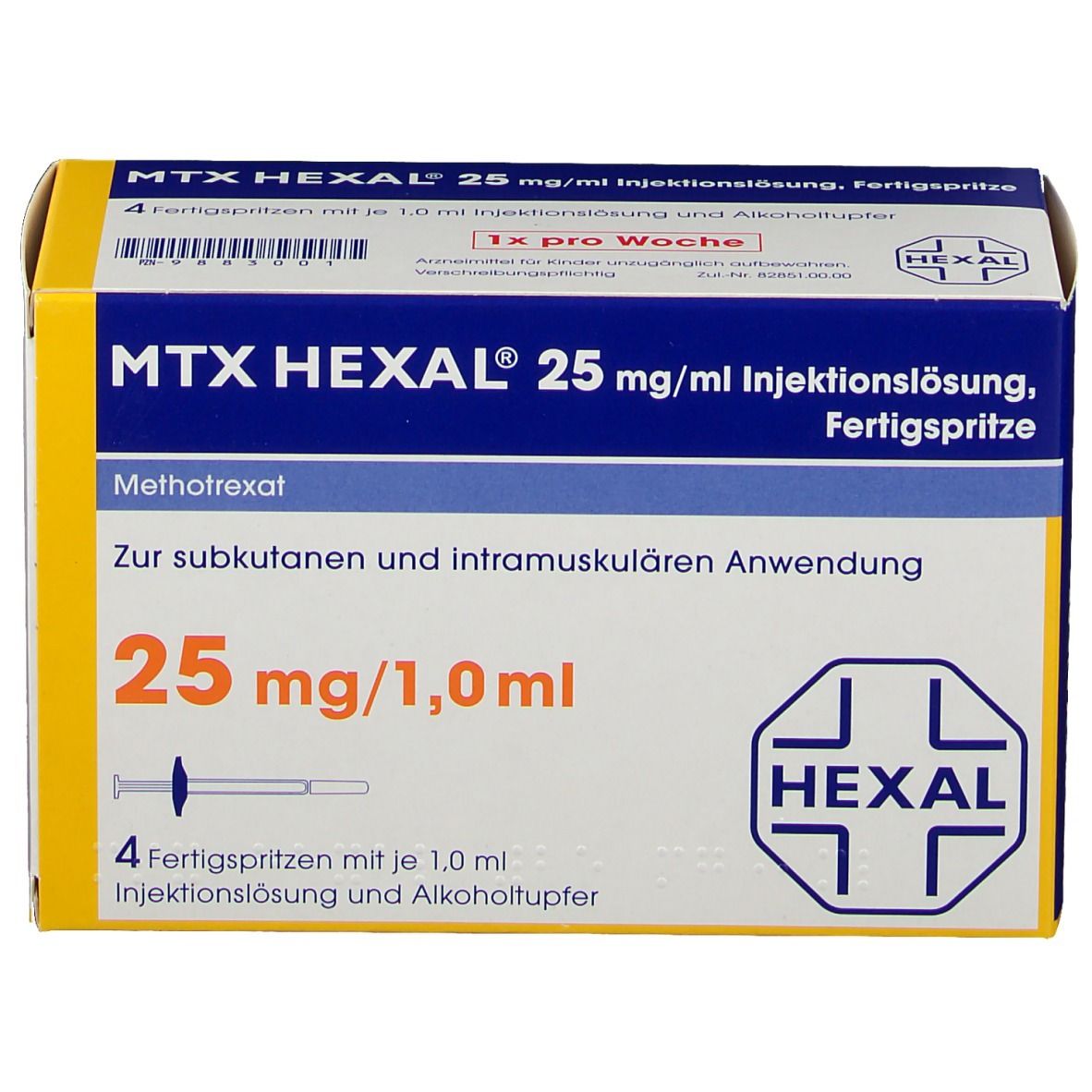 Schachtel MTX HEXAL 25 mg/ml Injektionslösung. Enthält 4 Fertigspritzen. Aufschrift: 25 mg/1,0 ml. HEXAL Logo. Blaue und gelbe Verpackung.
