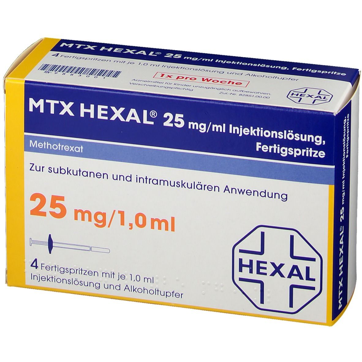 Schachtel MTX HEXAL 25 mg/ml Injektionslösung. Enthält 4 Fertigspritzen. Aufschrift: 25 mg/1,0 ml. HEXAL Logo. Blaue und gelbe Verpackung.