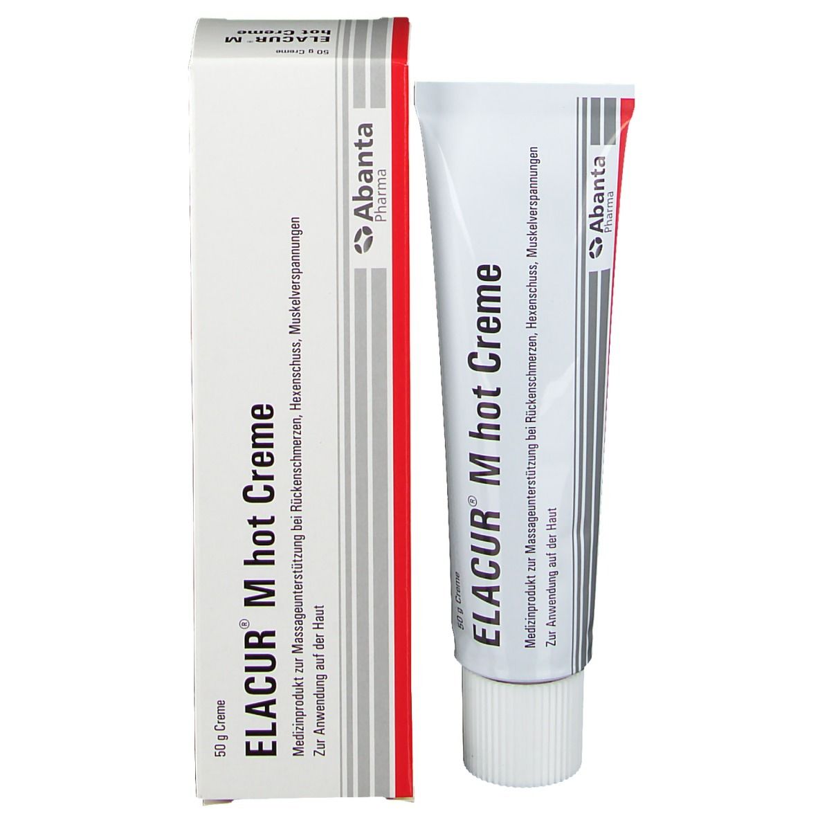 Elacur M hot Creme Tube und Schachtel. Weiß, rot und schwarz. Text: Elacur M hot Creme, 50g Creme. Abanta Pharma Logo.