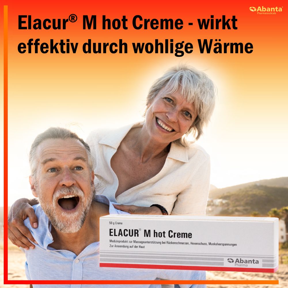 Älteres Paar, Elacur® M hot Creme wirkt durch wohltuende Wärme, mit Verpackung.