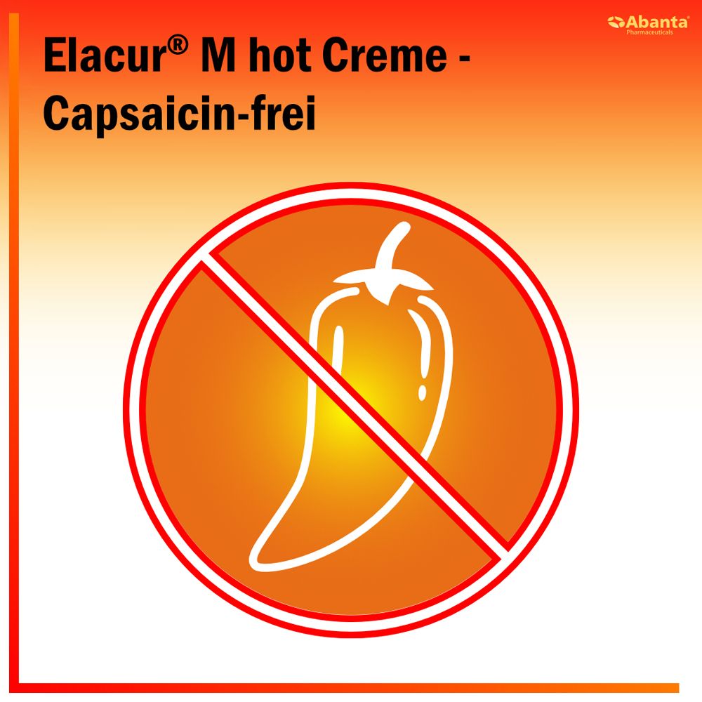 Symbol: Chilischote in rotem Kreis mit diagonalem Balken. Text: Elacur M hot Creme - Capsaicin-frei.