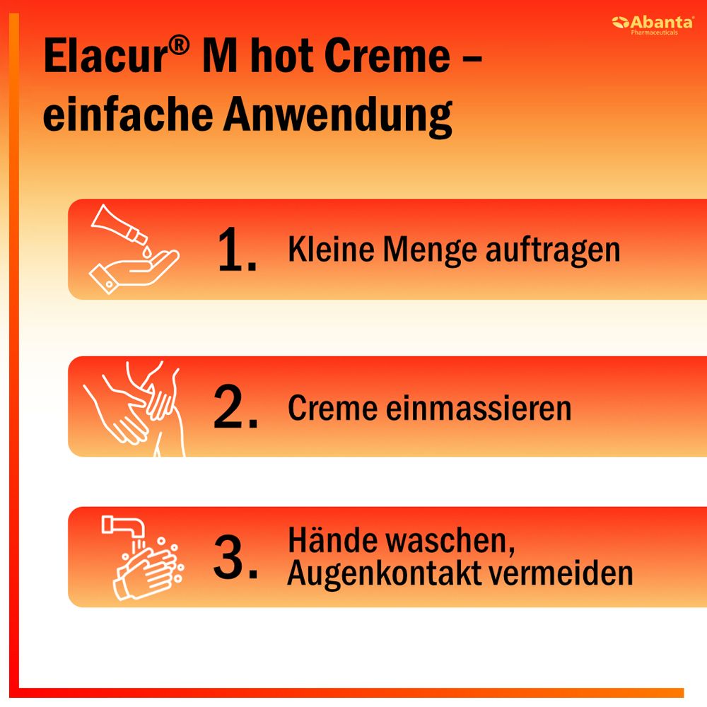 Anwendungsschritte für Elacur M hot Creme: Kleine Menge auftragen, einmassieren, Hände waschen.