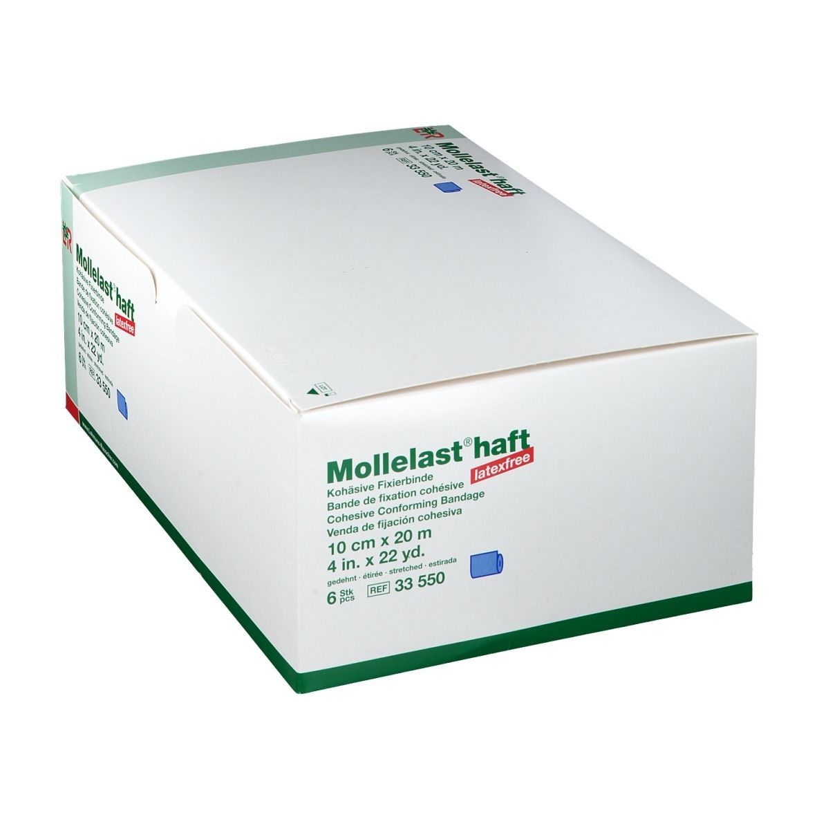 Karton mit Mollelast® haft. Größe: 10 cm x 20 m. Farbe: blau. Latex-frei. 6 Stück. Aufdruck: Kohäsive Fixierbinde.