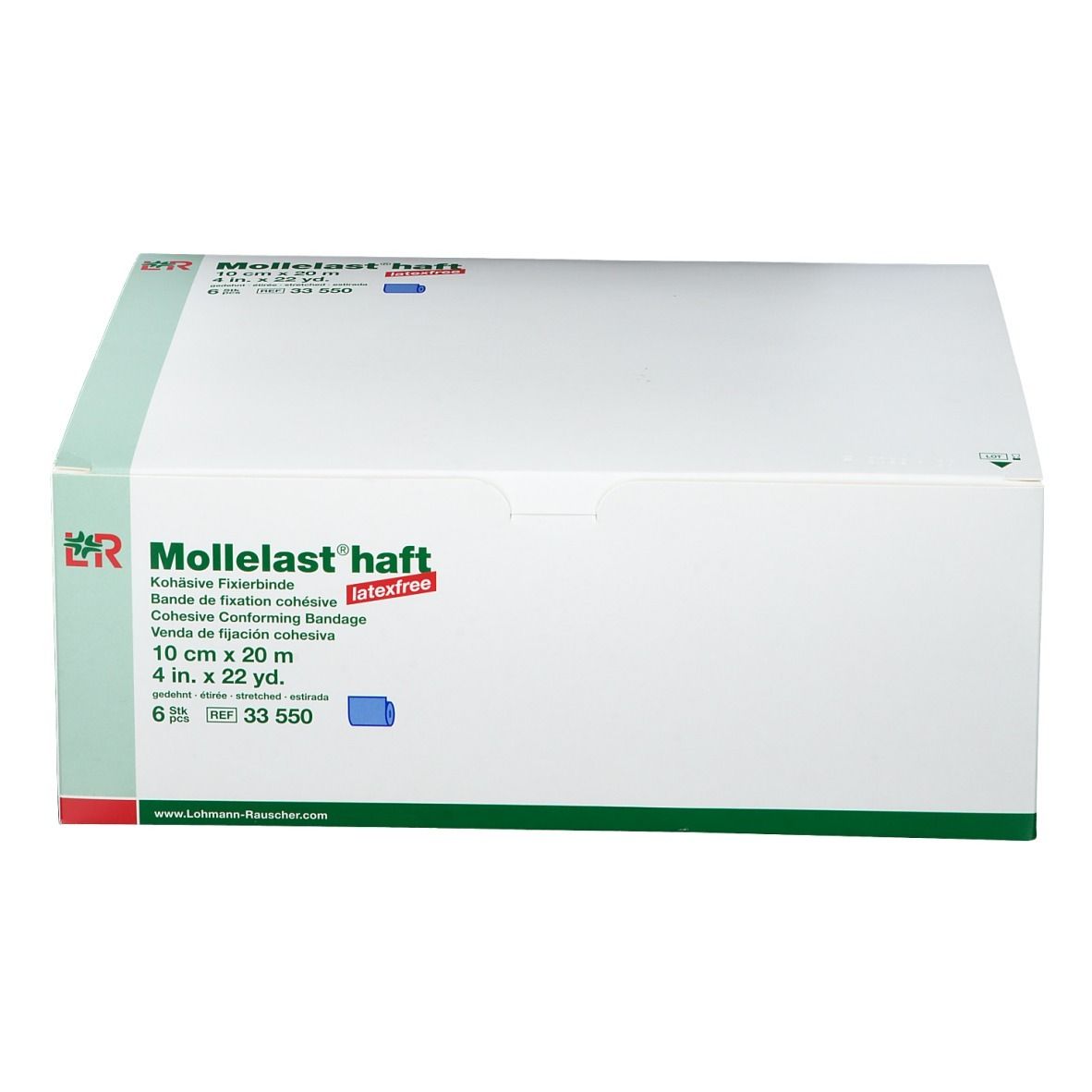 Karton mit Mollelast® haft. Größe: 10 cm x 20 m. Farbe: blau. Latex-frei. 6 Stück. Aufdruck: Kohäsive Fixierbinde.