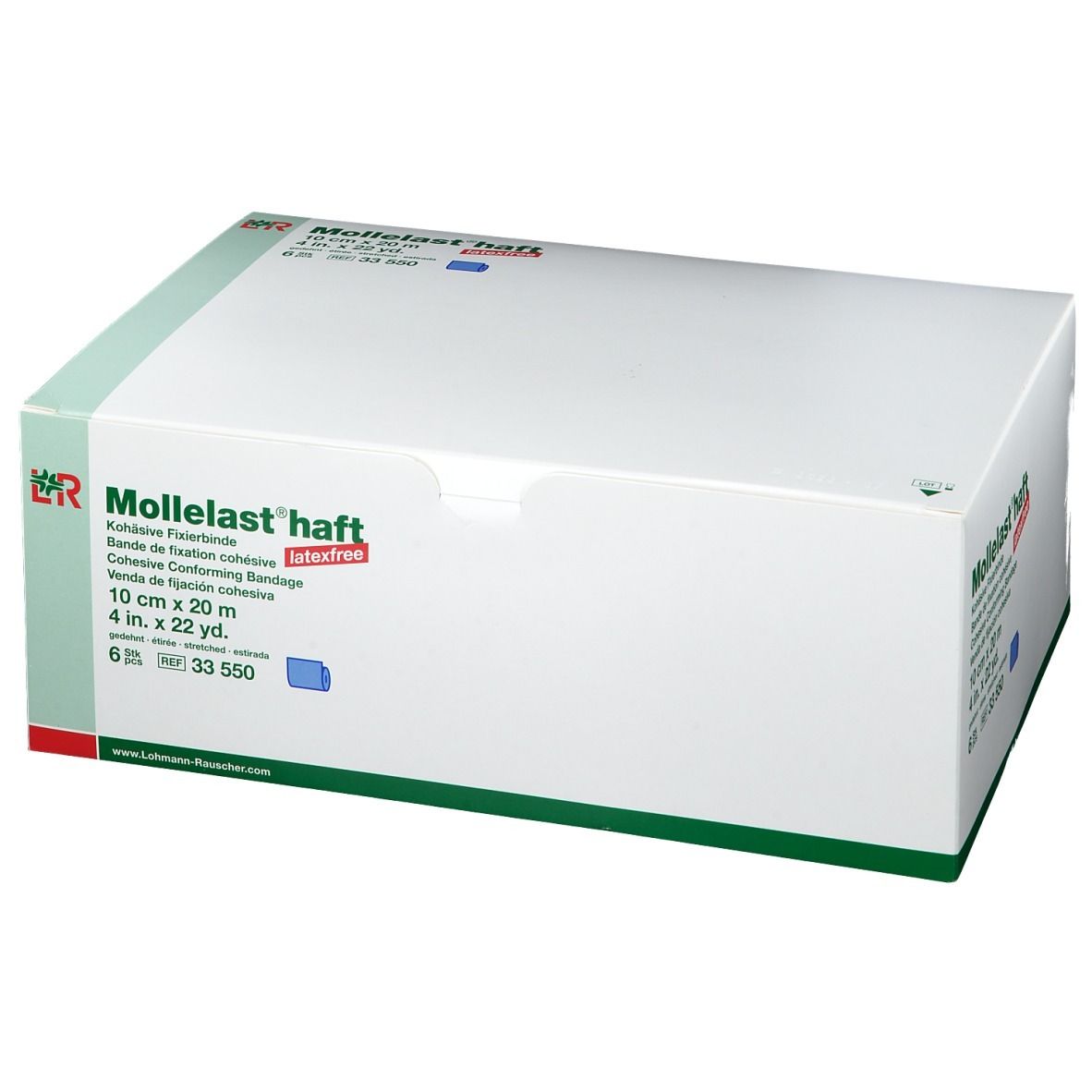 Karton mit Mollelast® haft. Größe: 10 cm x 20 m. Farbe: blau. Latex-frei. 6 Stück. Aufdruck: Kohäsive Fixierbinde.