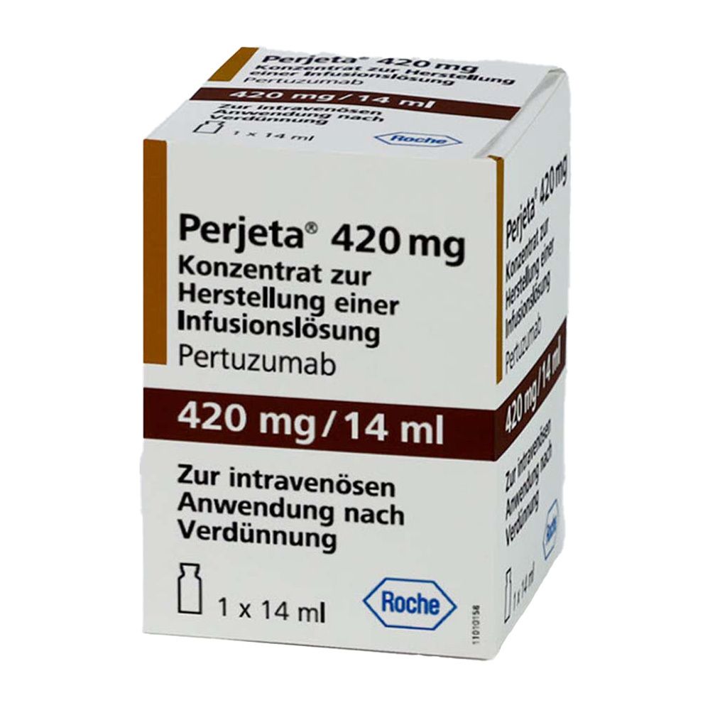 Perjeta 420 mg Konzentrat zur Herstellung einer Infusionslösung. Braune und weiße Verpackung mit Produktinformationen und Roche-Logo.