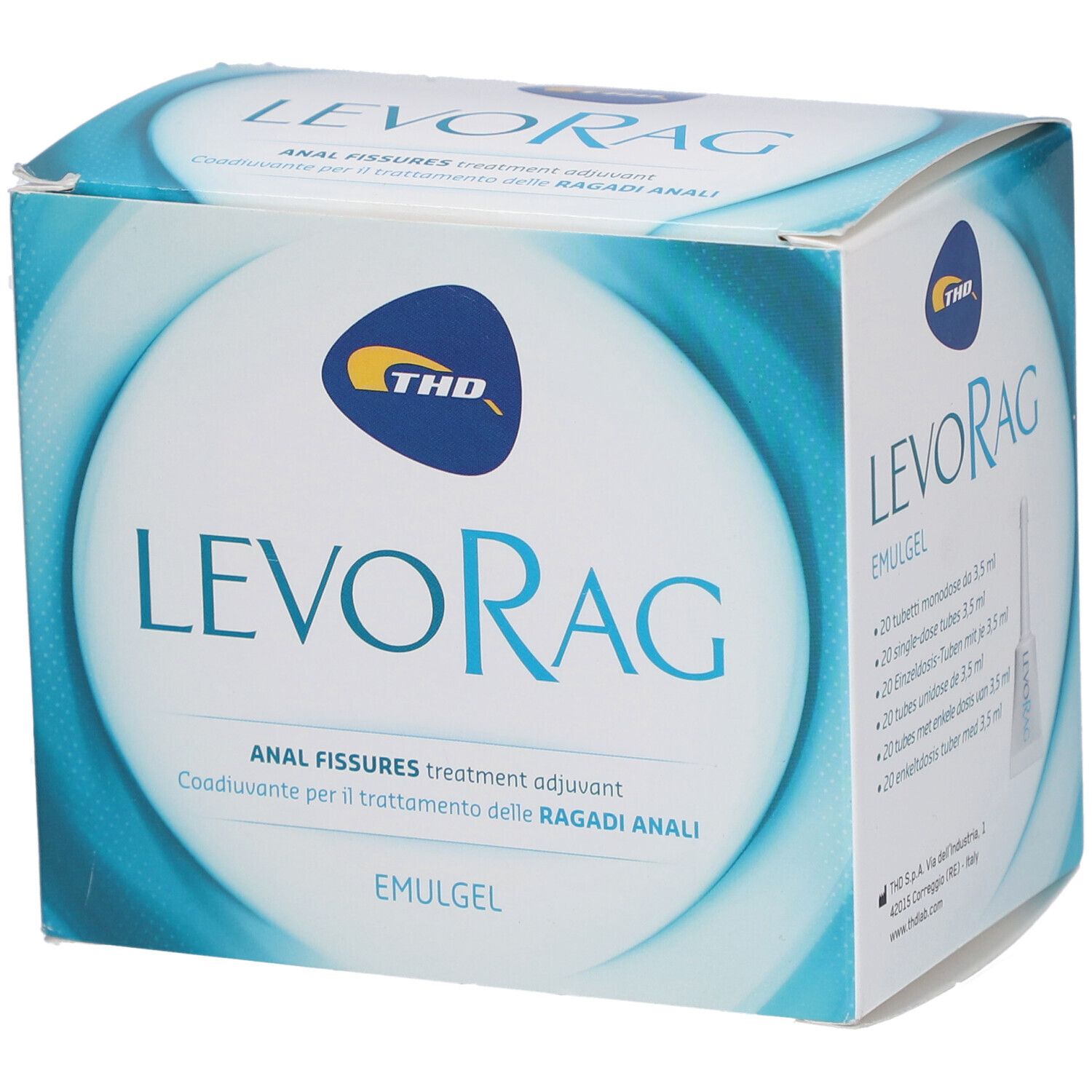 Kartonverpackung mit LEVORAG Emulgel. Blaue und weiße Farbgebung. THD-Logo. Text: Analfissuren-Behandlung.