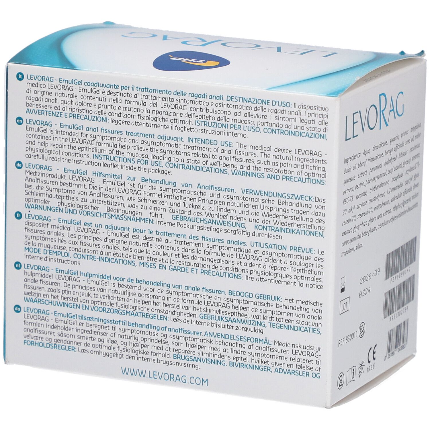 Verpackung mit mehrsprachigen Informationen. Text: LEVORAG Emulgel. Gebrauchsanweisung, Warnhinweise.