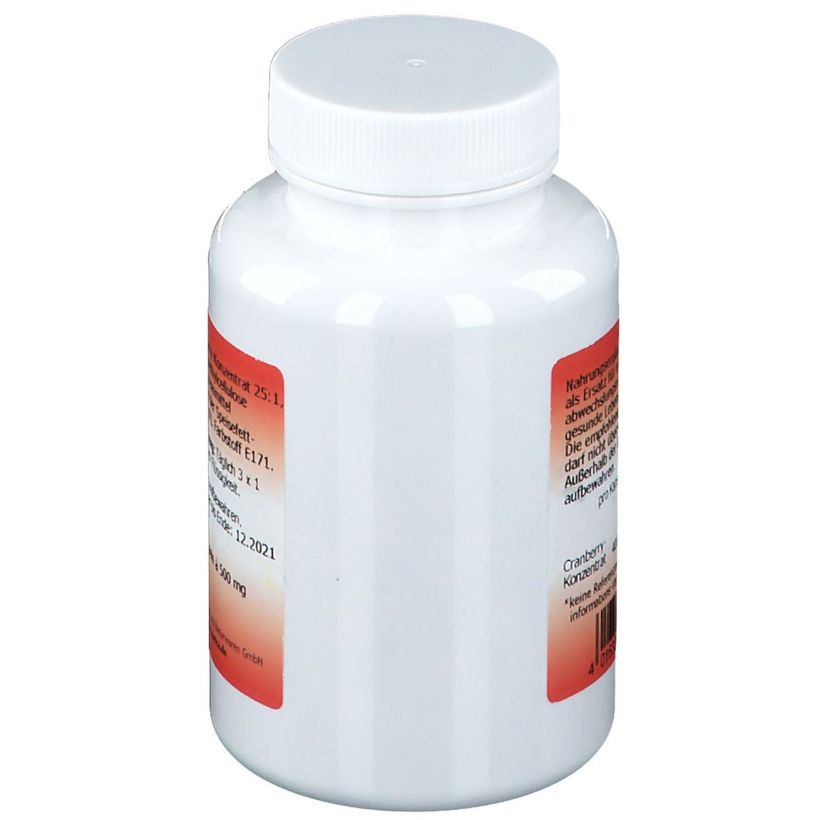 Weiße Flasche Aurica Cranberry Kapseln. Roter Aufkleber mit Produktinformationen und Logo.