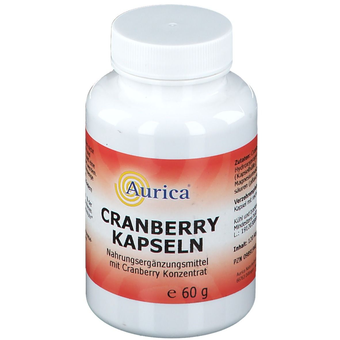 Weiße Flasche Aurica Cranberry Kapseln. Roter Aufkleber mit Produktinformationen und Logo.