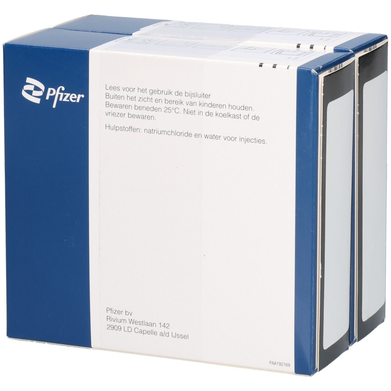 Rückseite der FRAGMIN P-Verpackung. Text in Deutsch und Niederländisch. Pfizer-Logo. Blaue und weiße Verpackung.
