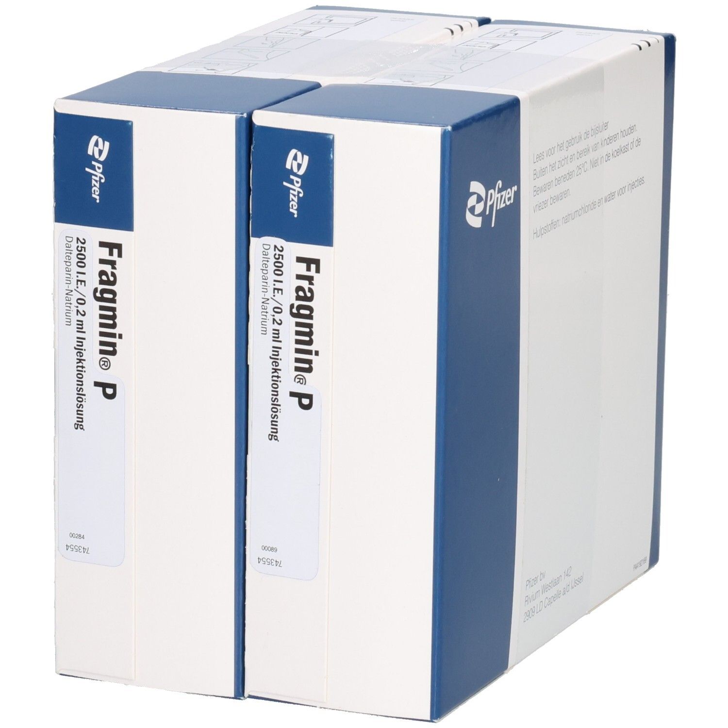 Karton mit FRAGMIN P, 2500 I.E. Injektionslösung. Pfizer-Logo. Blaue und weiße Verpackung. Mehrere Packungen.
