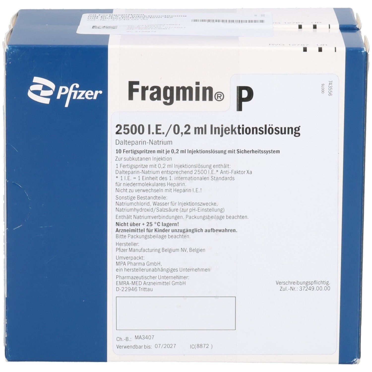 FRAGMIN P, 2500 I.E. Injektionslösung. 10 Fertigspritzen. Pfizer-Logo. Weiße Verpackung mit blauen Akzenten.