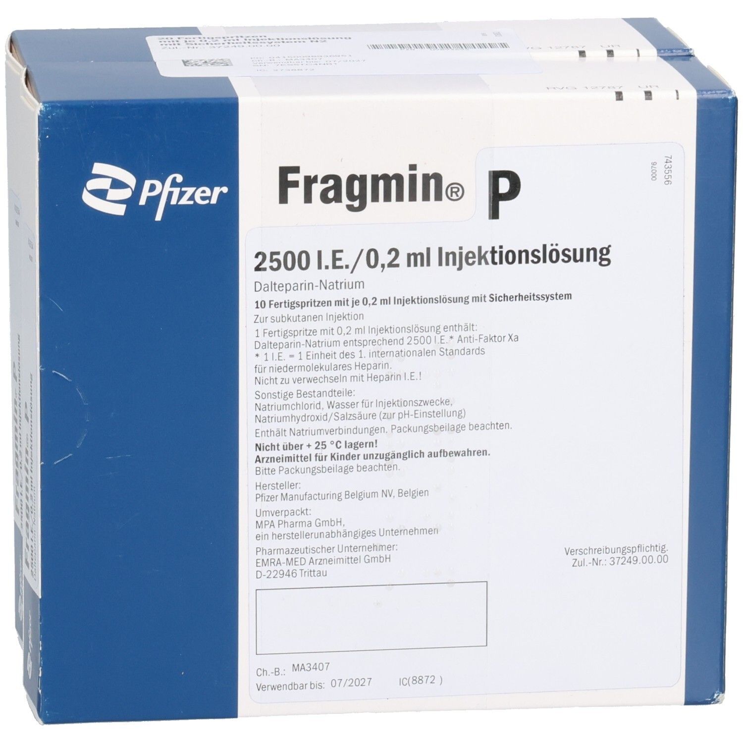 FRAGMIN P, 2500 I.E. Injektionslösung. 10 Fertigspritzen. Pfizer-Logo. Weiße Verpackung mit blauen Akzenten.