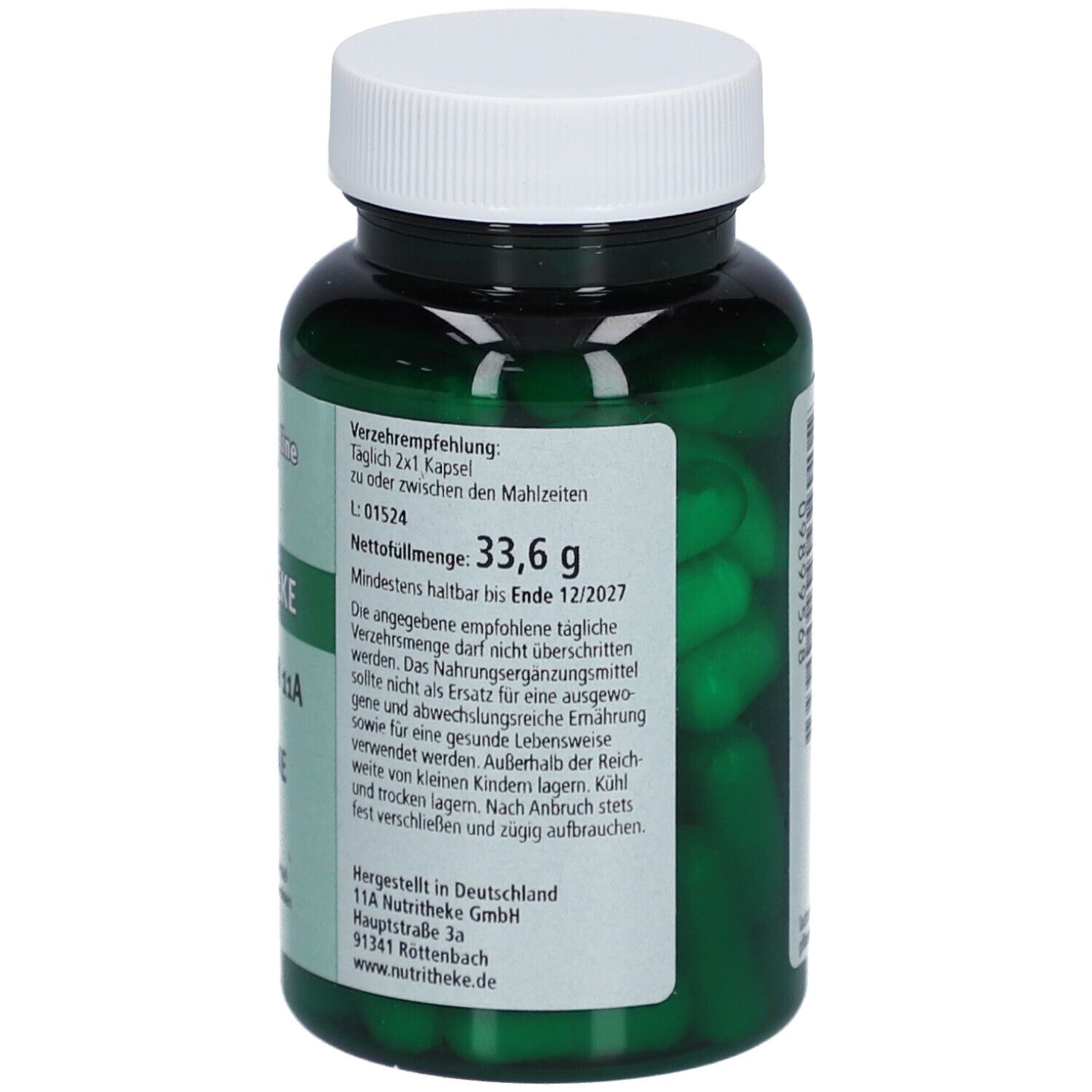 Grüne Flasche mit weißen Deckel. Rückseite mit Verzehrempfehlung und Mindesthaltbarkeitsdatum. Nettogewicht 33,6g.