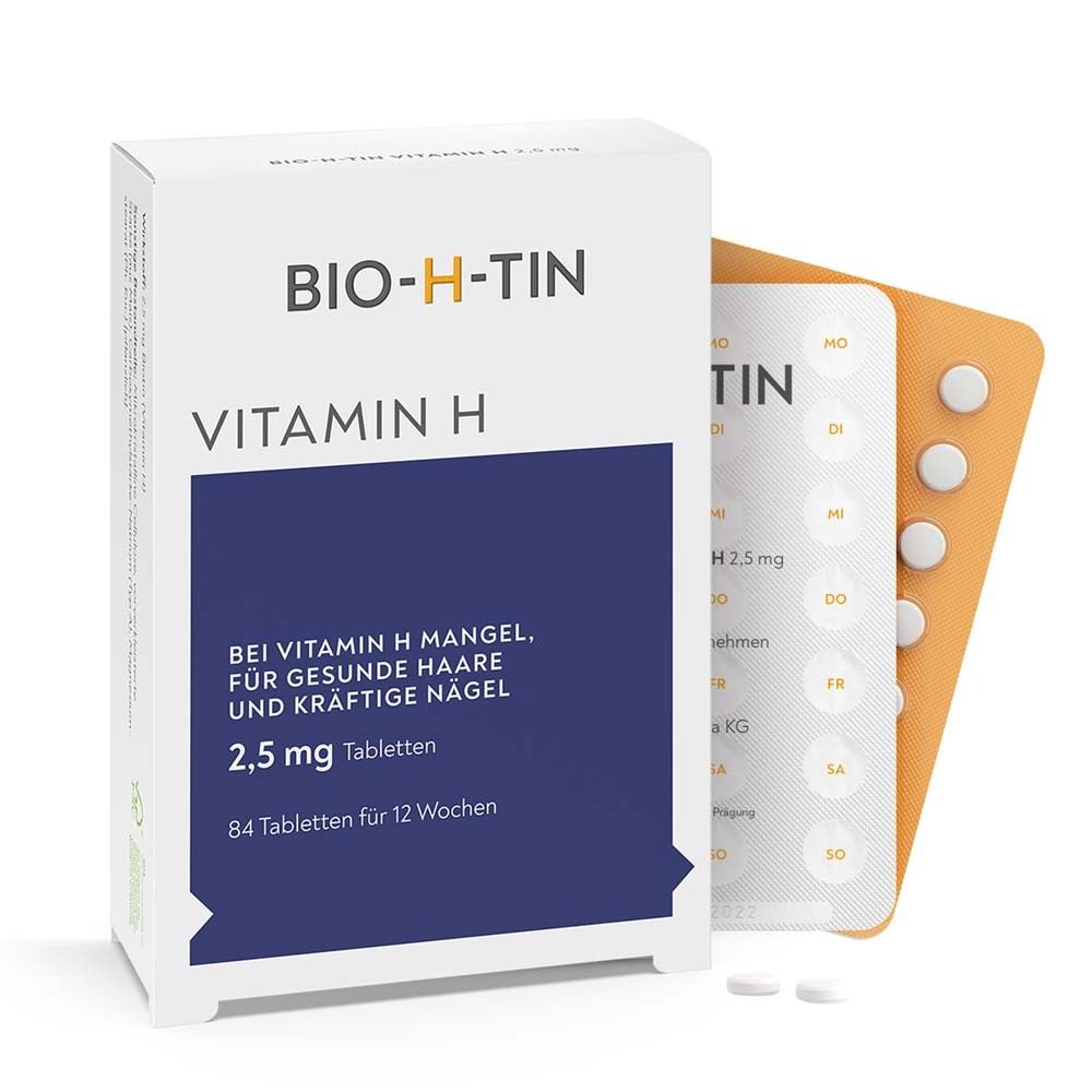 Weiße Schachtel BIO-H-TIN® Vitamin H 2,5 mg Tabletten. Tabletten und Blisterpackung.