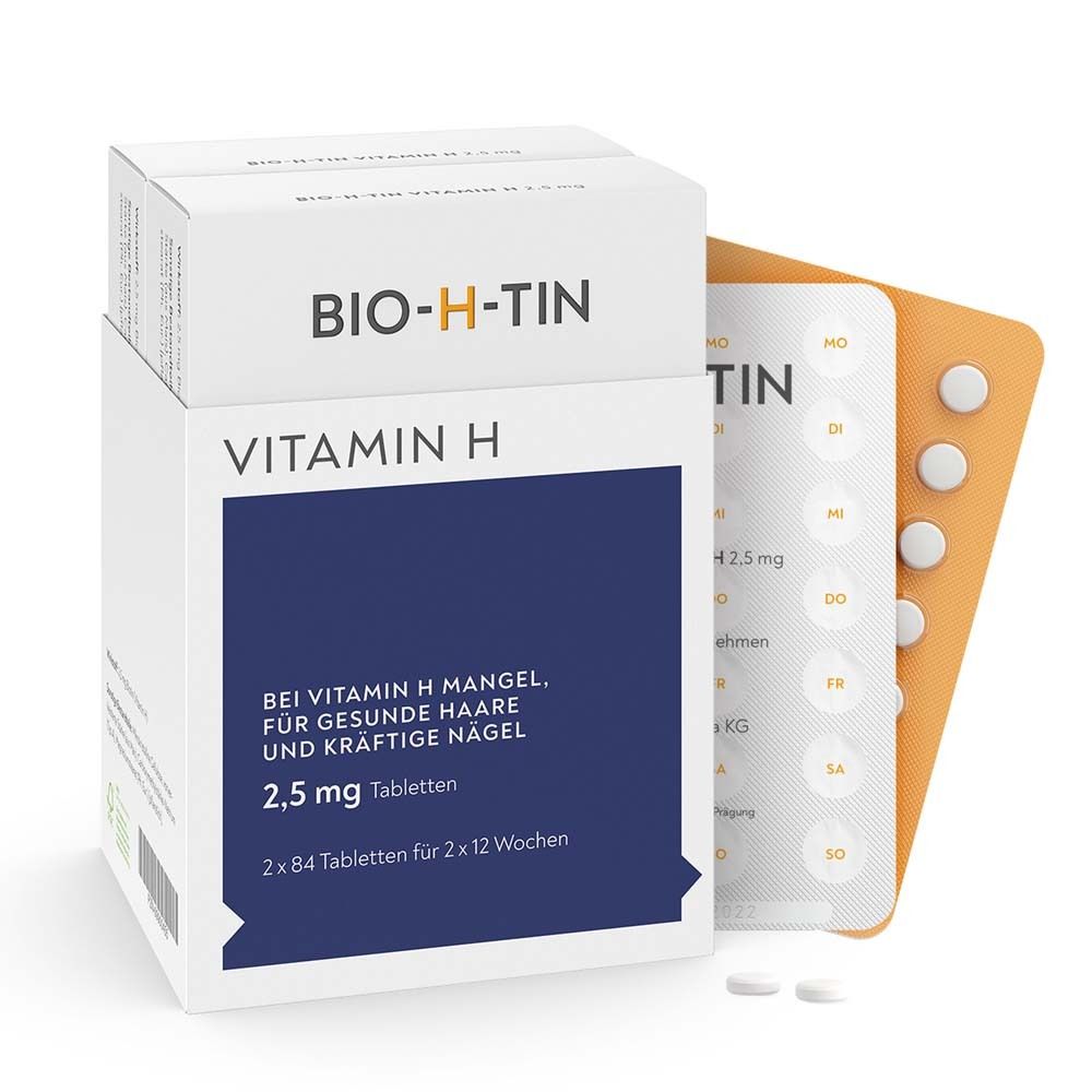 BIO-H-TIN® Vitamin H Packung und Tablettenblister. 2x84 Tabletten. Für gesunde Haare und Nägel.