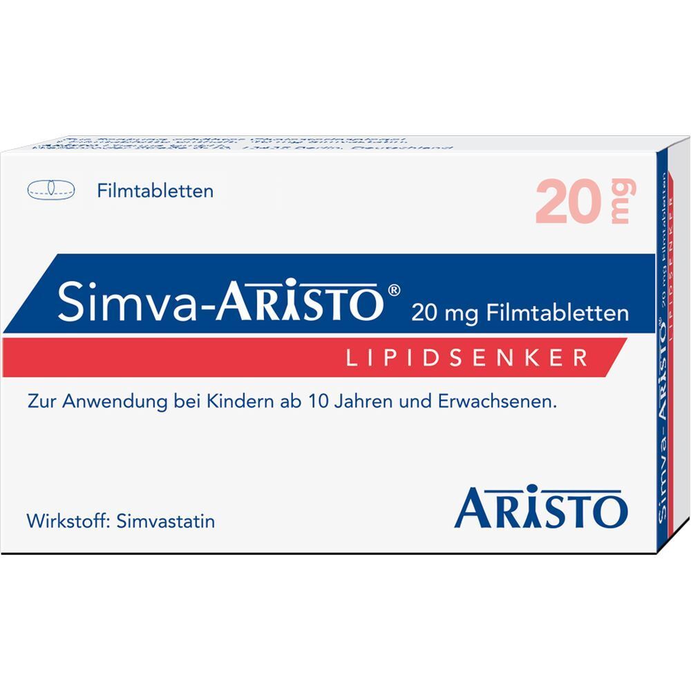 Schachtel Simva-Aristo 20 mg Filmtabletten. Aufschrift: Lipid-Senker. Für Kinder ab 10 Jahren und Erwachsene.