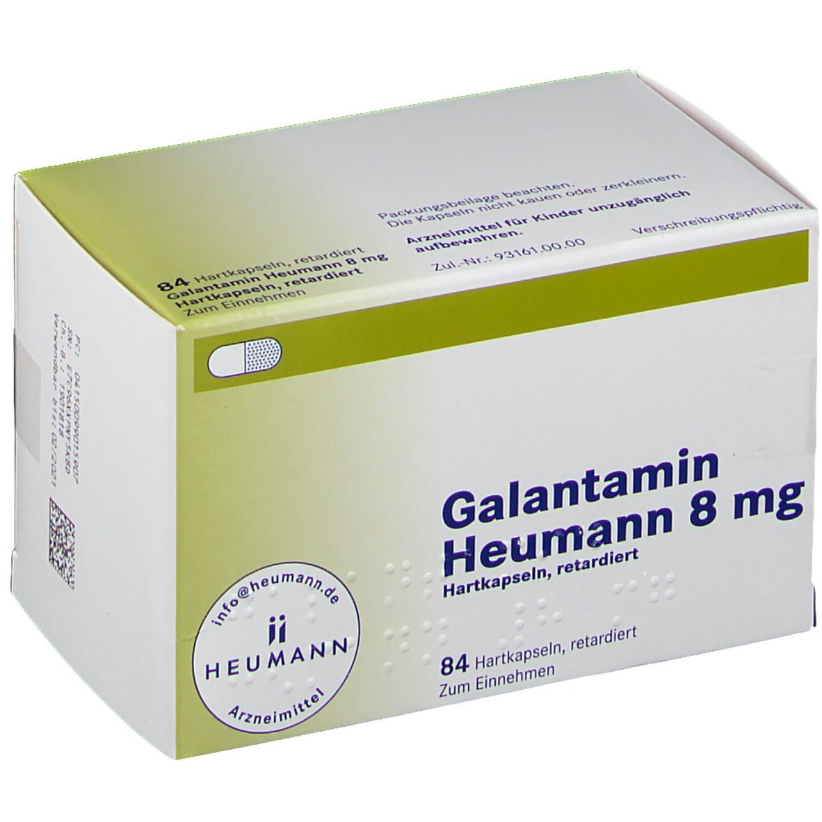 Schachtel mit Galantamin Heumann 8 mg Hartkapseln. Aufdrucke: Name, Dosierung, Packungsinhalt, Herstellerlogo.